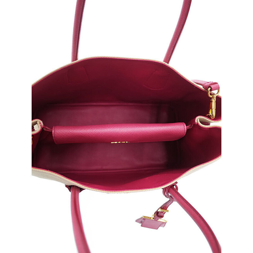 Prada Canapa Saffiano Double Satchel beige canvas body pink leather - Picture 3 of 5